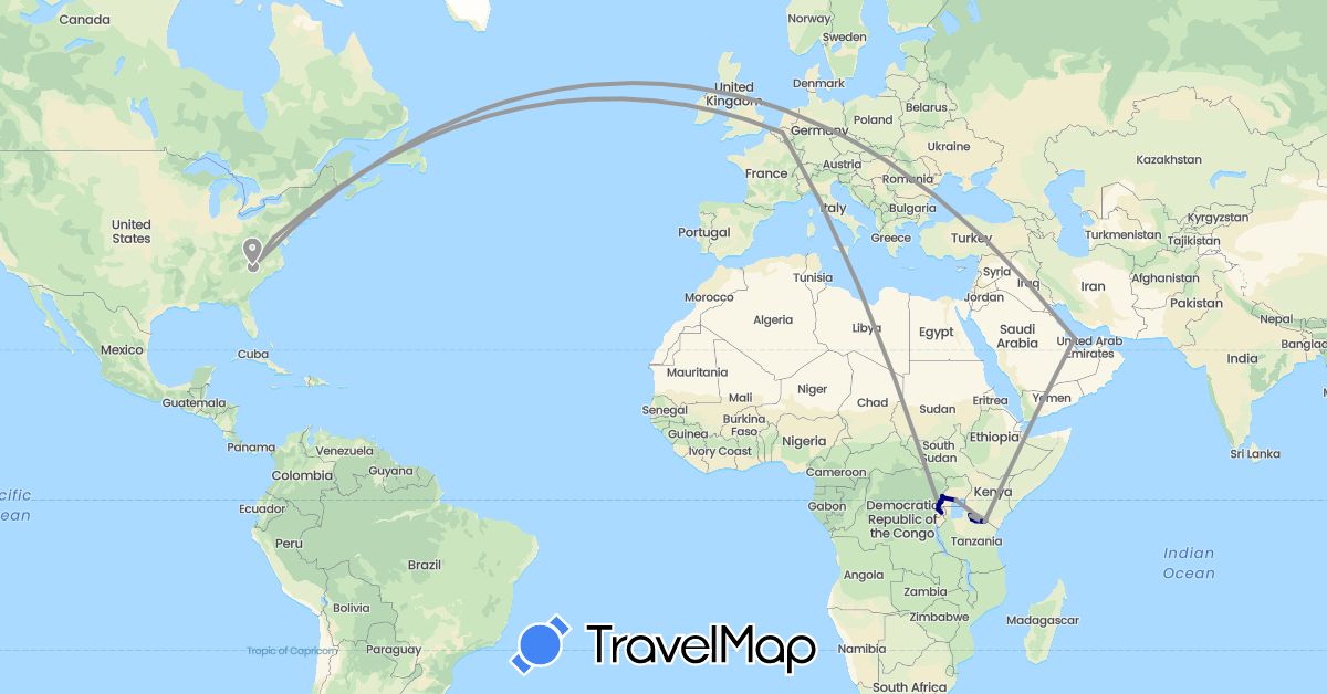 TravelMap itinerary: driving, plane in Belgium, Qatar, Rwanda, Tanzania, Uganda, United States (Africa, Asia, Europe, North America)